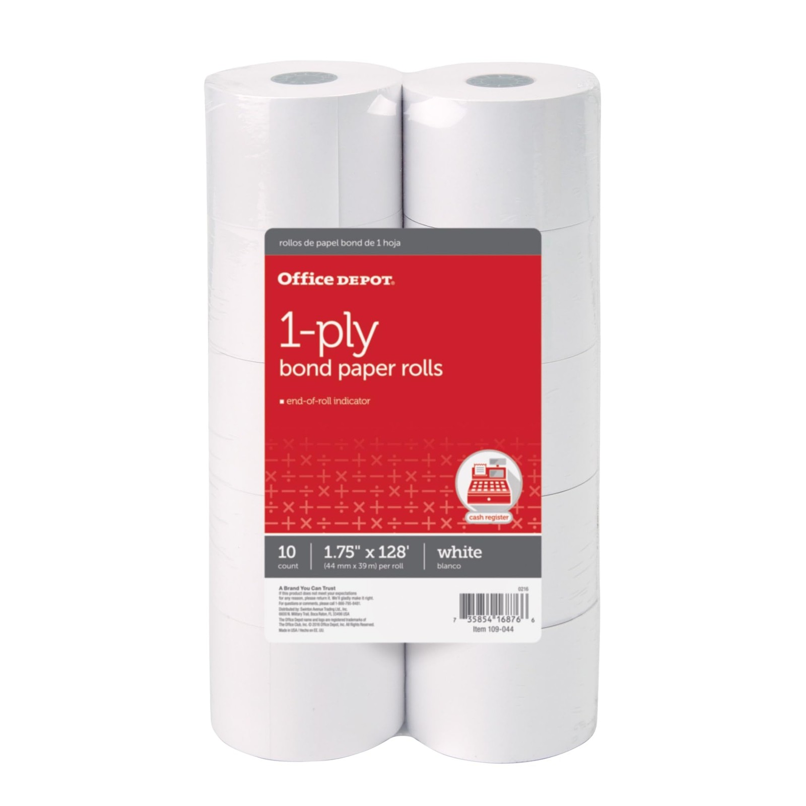 Office Depot 1-Ply Paper Rolls, 1 3/4in. x 128ft., White, Pack Of True, White