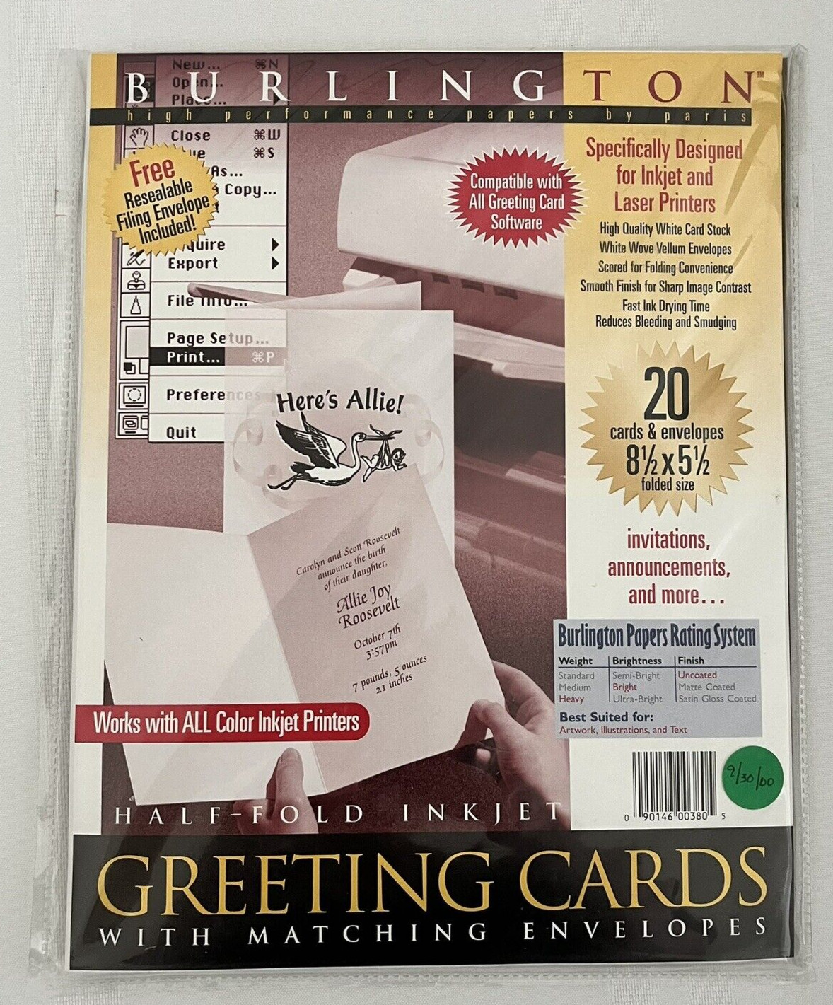 BURLINGTON Ink Jet/Laser 20 Greeting Cards Half Fold 5 1/2″ x 8 1/2″ NEW white