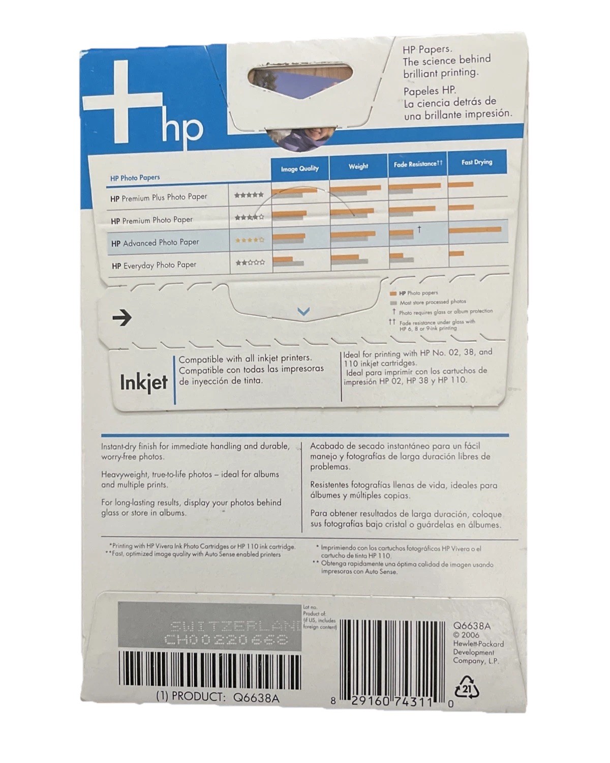 Inkjet Glossy Photo Paper Q6638A HP Advanced 100 Sheets 4X6 Borderless. New