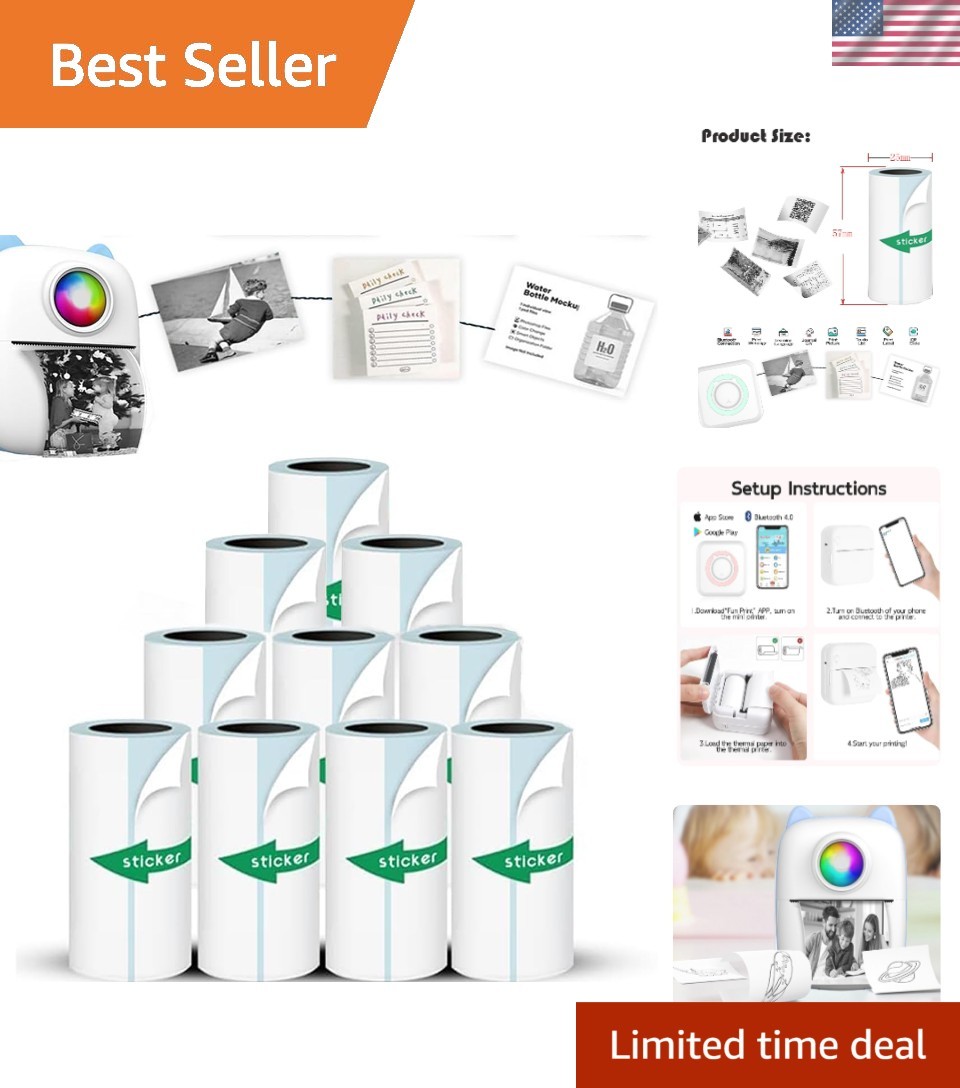 DIY Printable Sticker Paper – 10 Rolls, 57x25mm for Mini Printers & Kids Cameras
