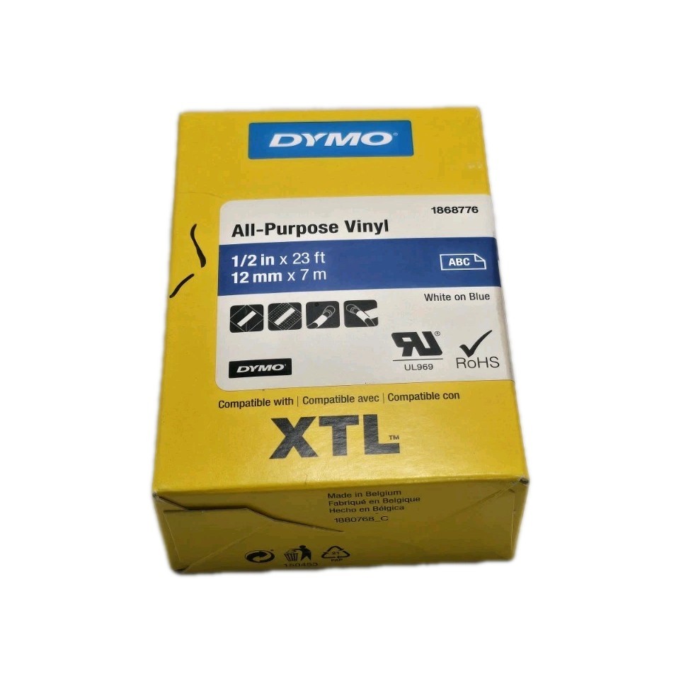 Dymo 1868776 XTL 12mm x 7m Roll All-Purpose Vinyl White on Blue 1/2″ in x 23 Ft