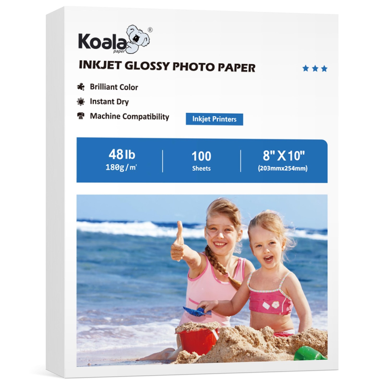 Koala Glossy Inkjet Photo Paper 8×10 Inch 48lb 100 Sheets 180GSM Dye Ink