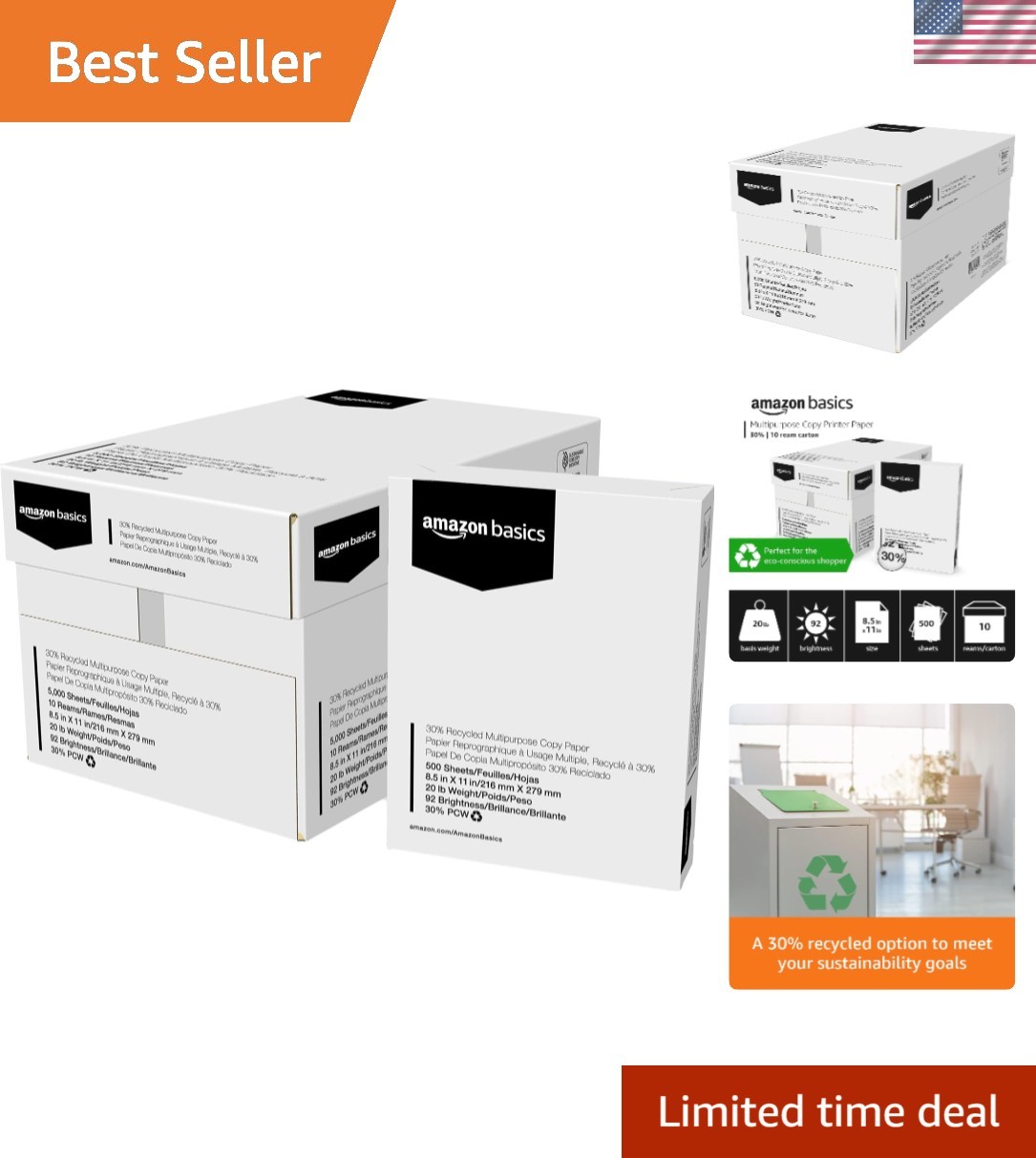 30% Recycled 8.5×11 Printer Paper, 5000 Sheets, 92 Bright – Eco-Friendly Choice