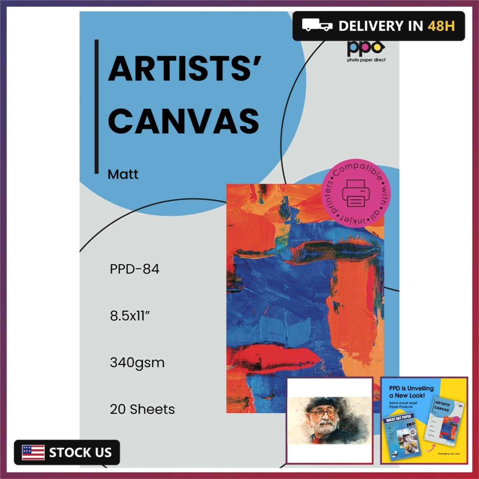 PPD Printable Fabric Sheets, Canvas Paper for Inkjet Printer, 100% Real Cotton,