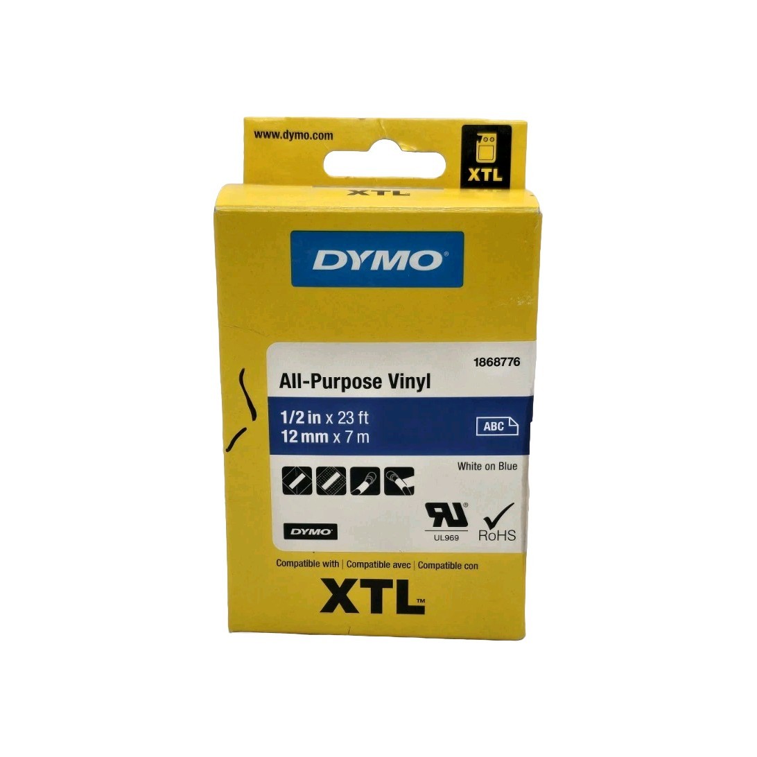 Dymo 1868776 XTL 12mm x 7m Roll All-Purpose Vinyl White on Blue 1/2″ in x 23 Ft