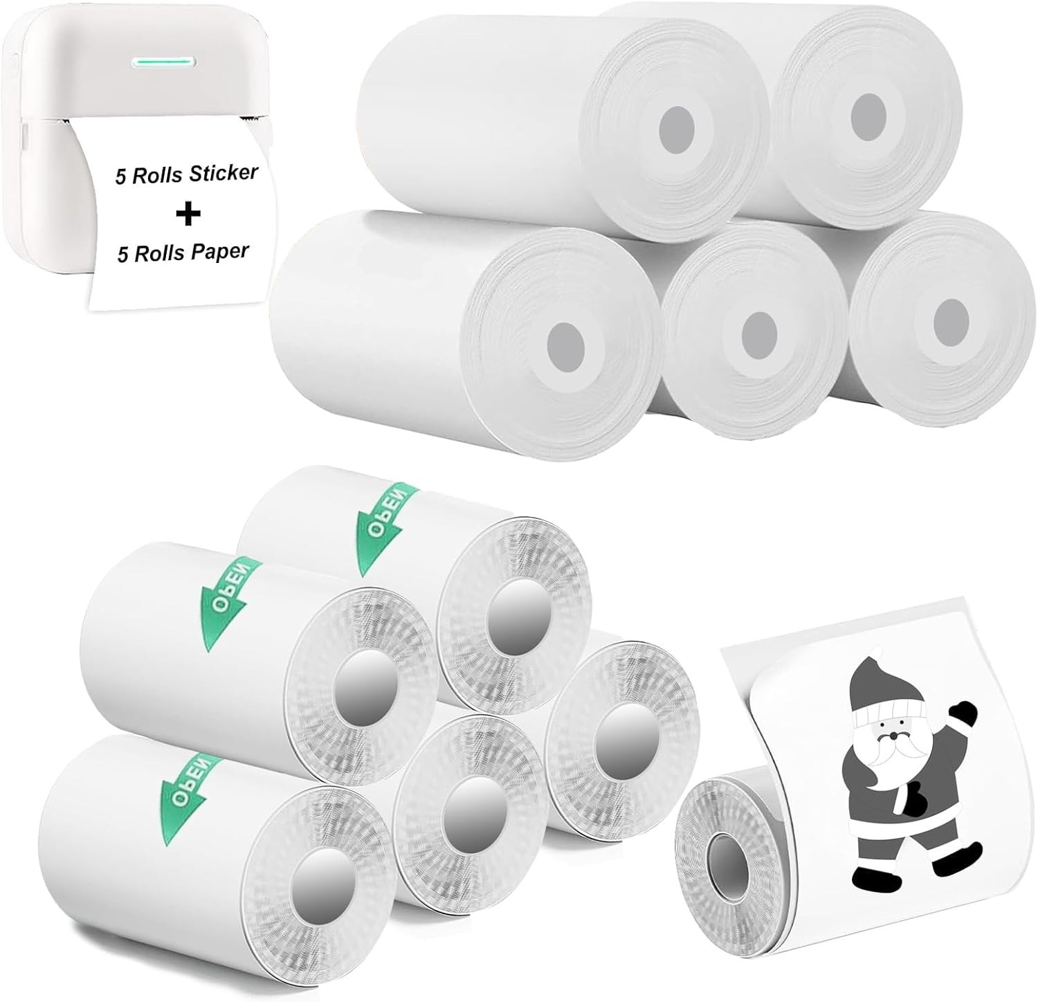 5 Rolls Thermal Printer Paper & 5 Rolls Self-adhesive Stickers, White Printer Pa