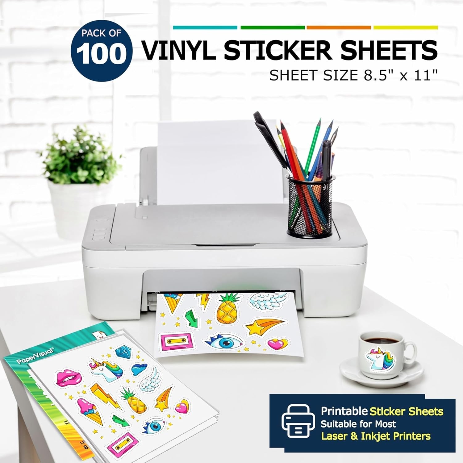 Premium Printable Vinyl Sticker Paper for Inkjet and Laser Printer – 100 Whit…