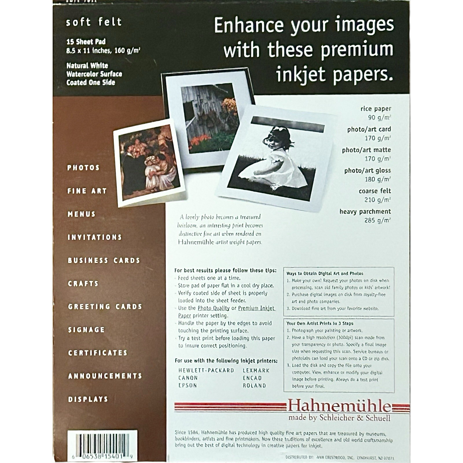 HAHNEMÜHLE Watercolor Surface INKJET Paper 8.5”x11” Pad 10 Sheets Soft Felt NOS