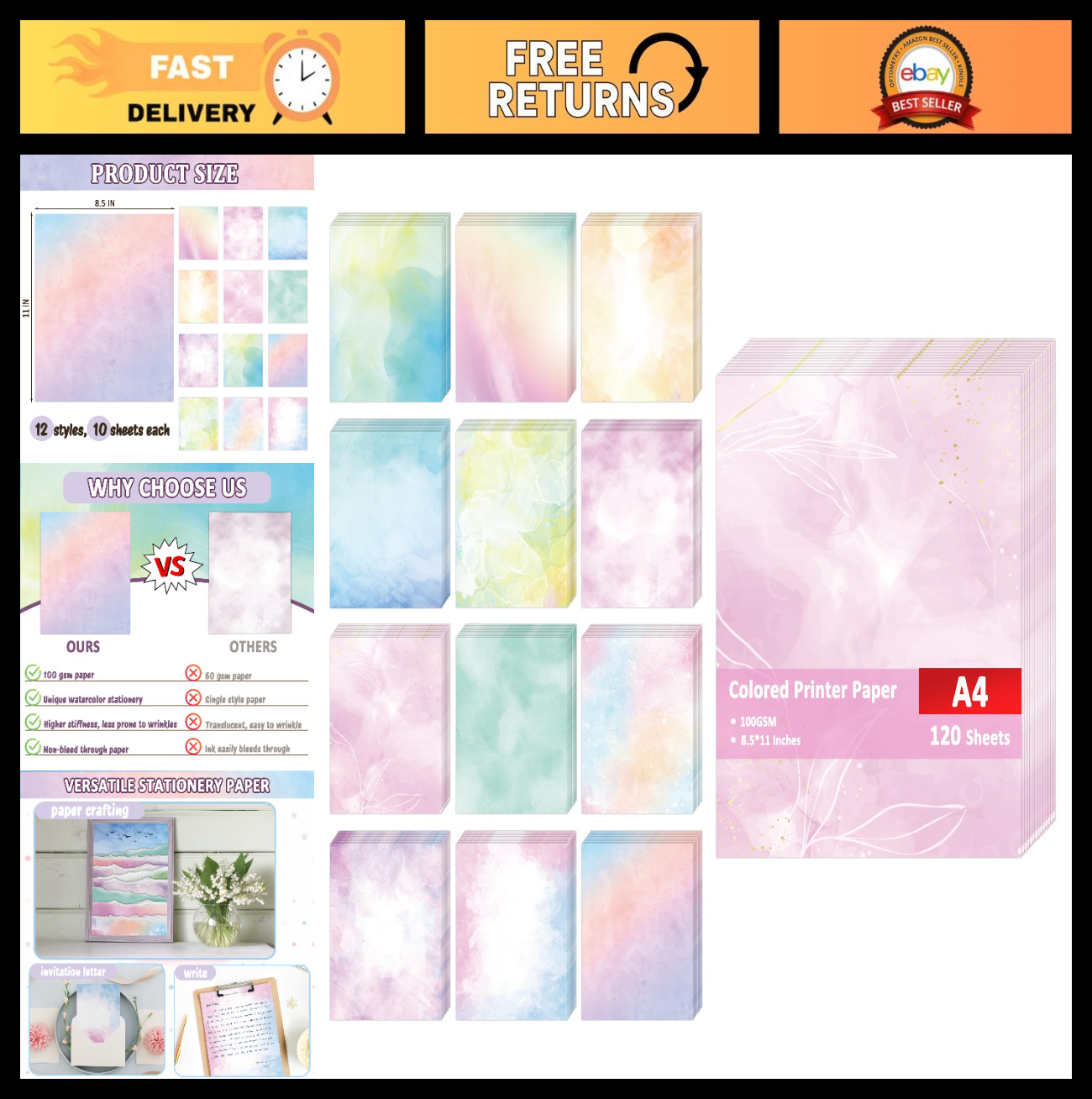 Decorative Watercolor Printer Paper 8.5x11in, Double-Sided, 100gsm for Invitatio