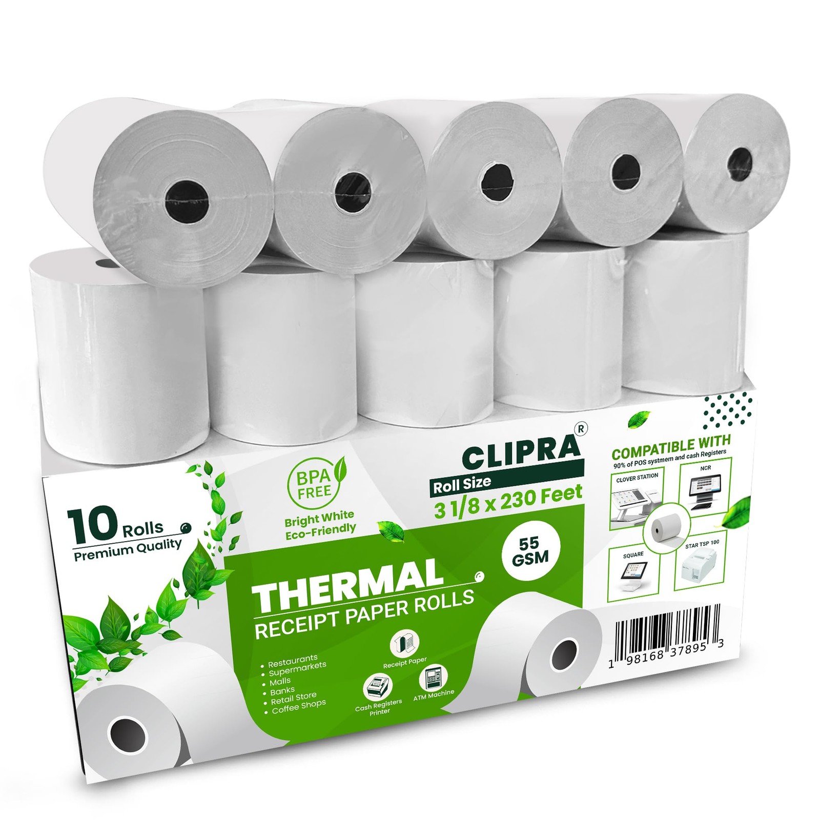 CLIPRA 3 1/8 x 230 Thermal Paper 3 1/8″ x 230′ Thermal-10 Rolls, White