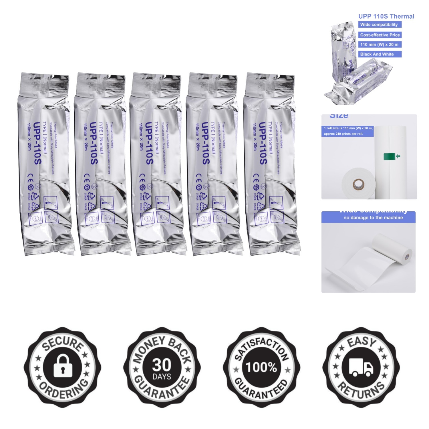 UPP-110S Ultrasound Paper – 5 Rolls, 110mm x 20m, Black & White Printing