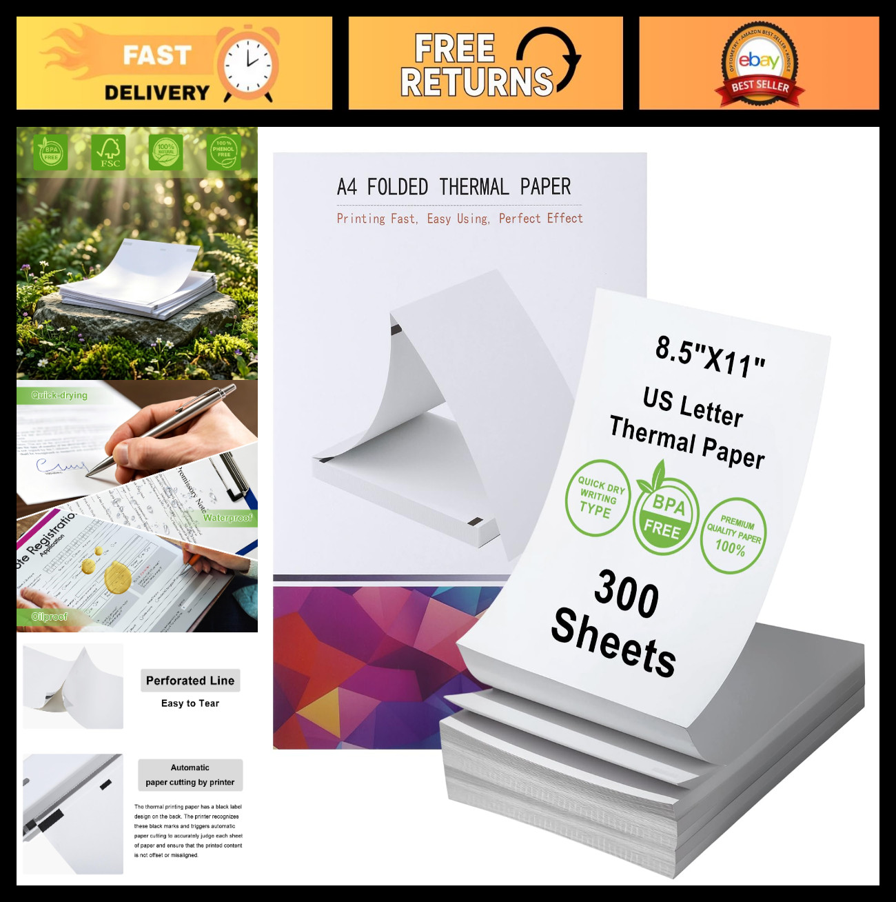 8.5×11 A4 Thermal Printer Paper – BPA-Free, Continuous Folded, 300 Sheets, Compa