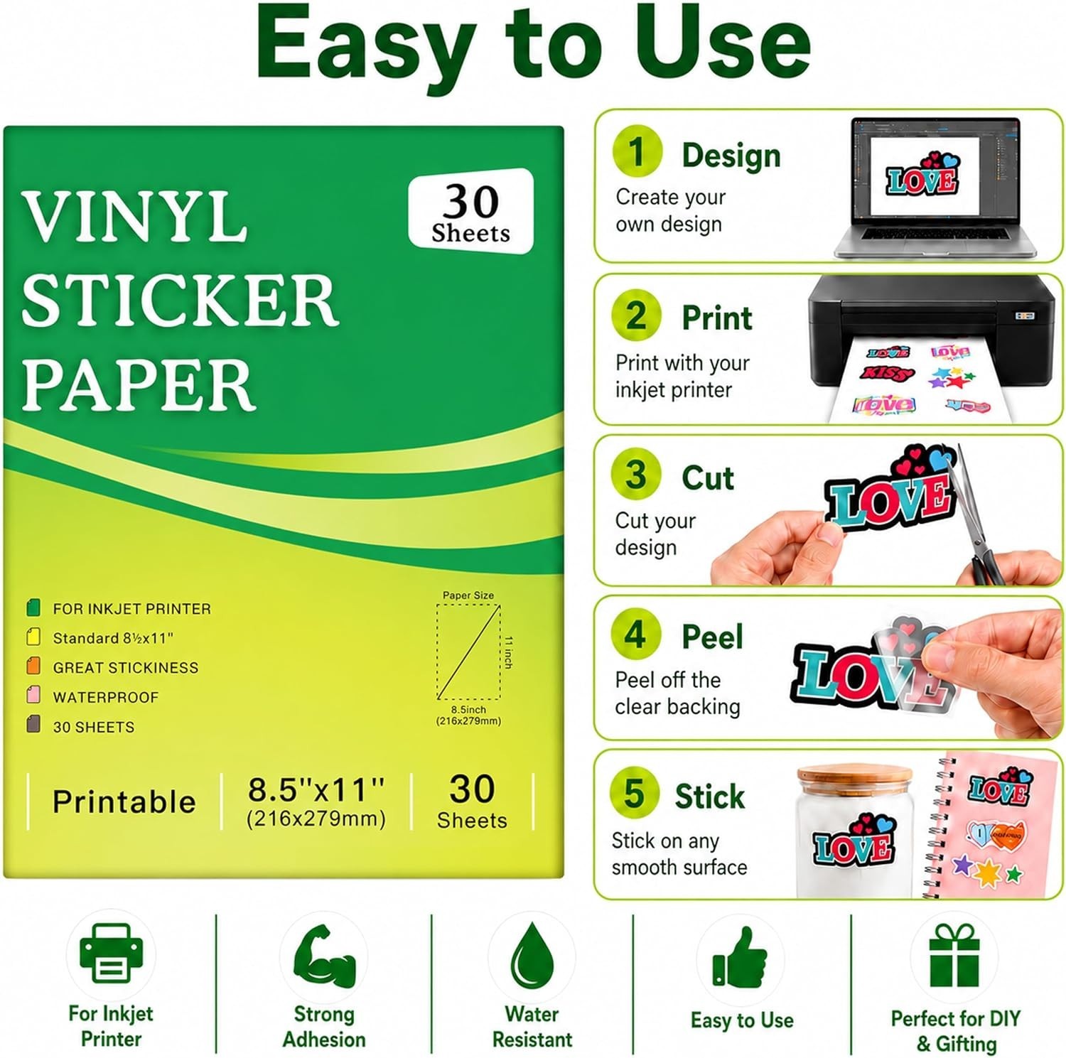 30 Sheets Printable Clear Sticker Paper for Inkjet Printer, Premium Vinyl