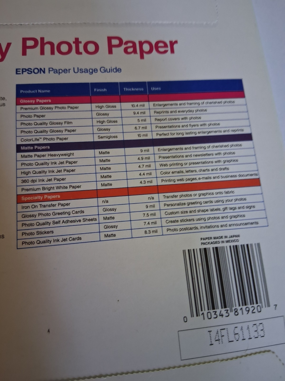 Epson Premium Glossy Photo Paper Unopened 8.5″x11″ 20 Sheets S041286 2001
