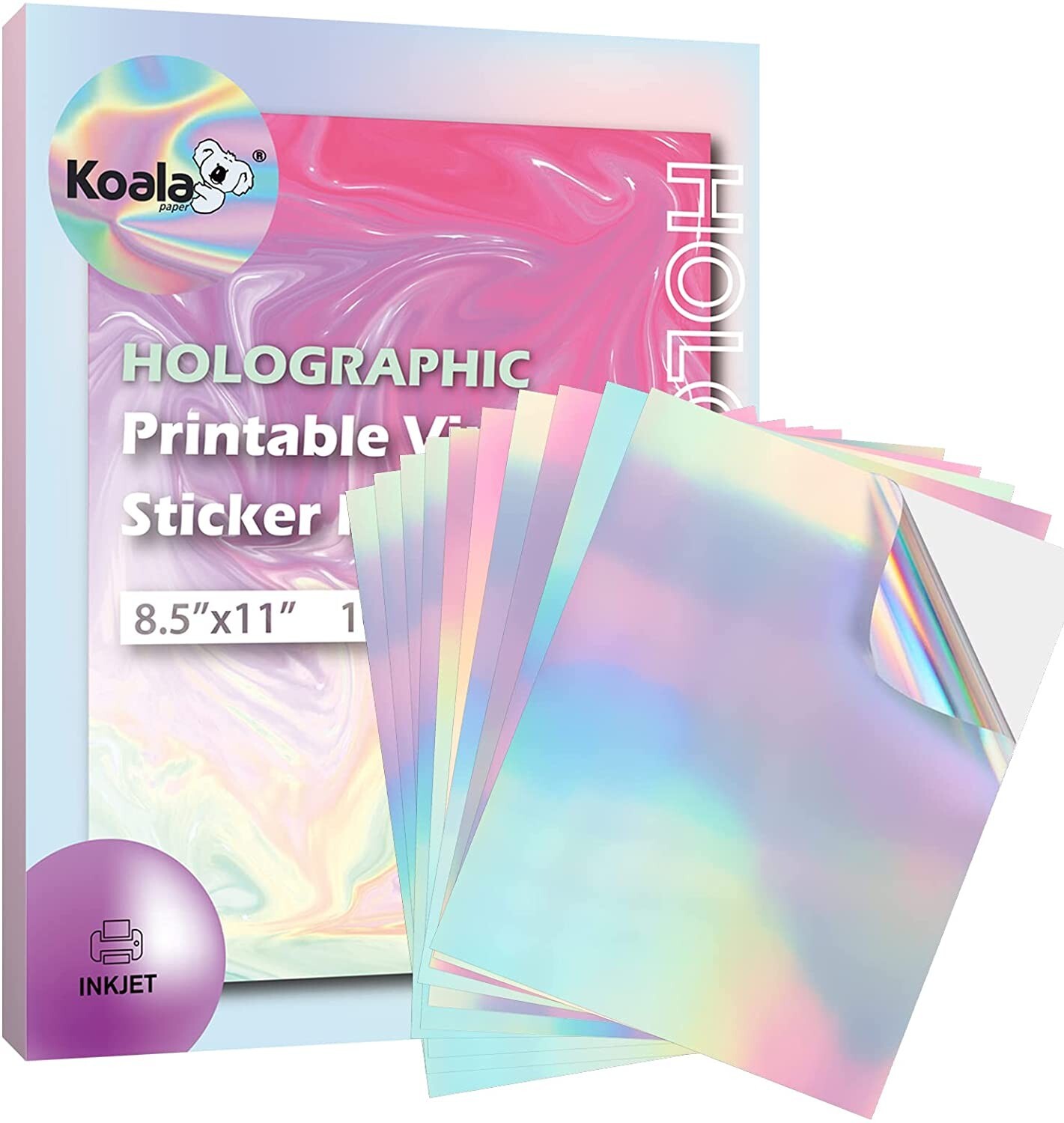 20 Sheets Koala Holographic Sticker Paper for Inkjet Laser Printer Glossy White