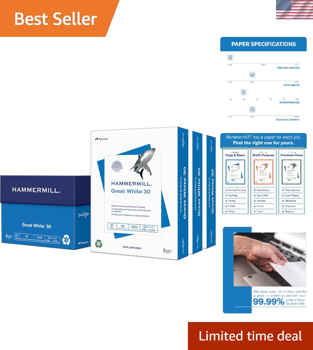 30% Recycled Printer Paper – 1500 Sheets, 92 Brightness, Smooth Texture