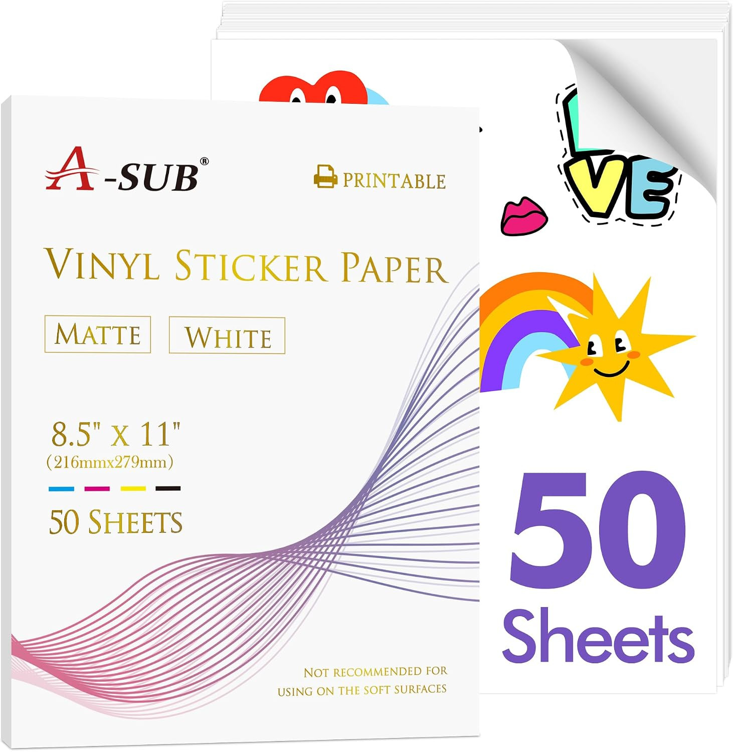 Premium Printable Vinyl Sticker Paper for Inkjet Printers, 50 Sheets Matte White