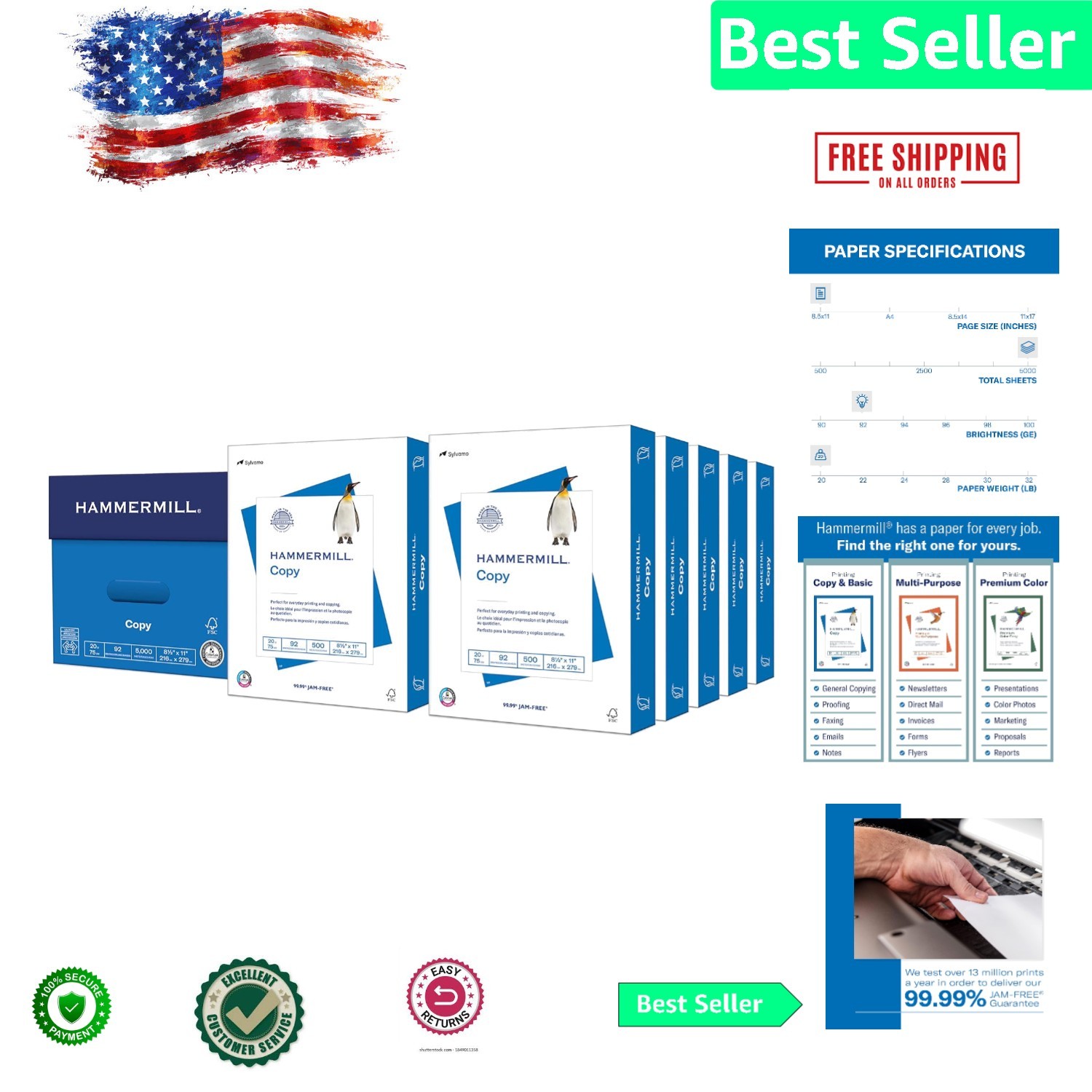 10 Ream Pack of 20 lb, 92 Bright Printer Paper – Smooth Finish, Eco-Friendly
