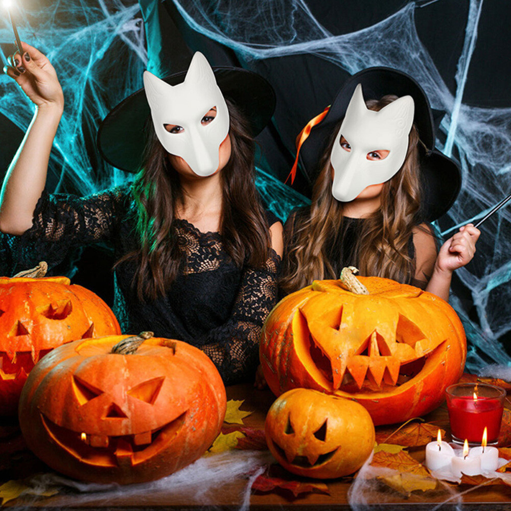 3pcs DIY Halloween Fox & Cat Masks – Paintable Kabuki Masquerade