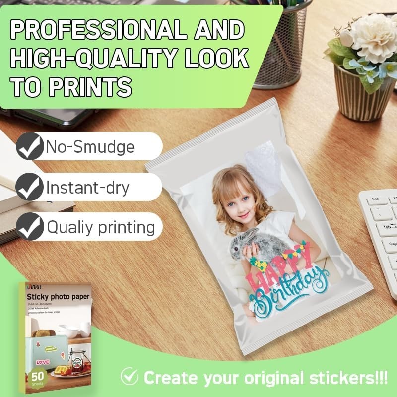 50 Sheets of Glossy Sticker Paper 4×6 Inches – Self-Adhesive, Quick-Dry