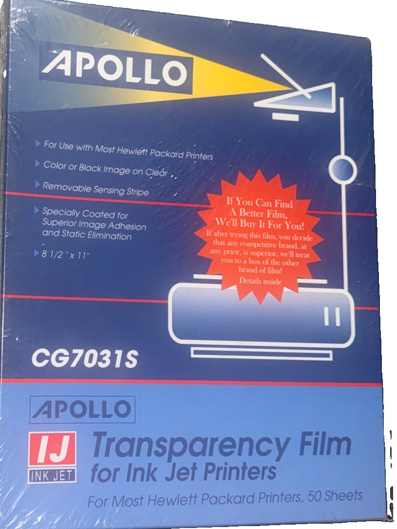 Apollo Ink Jet Transparency Film CG7031S for HP Printers 50 Sheets 8.5×11 Clear
