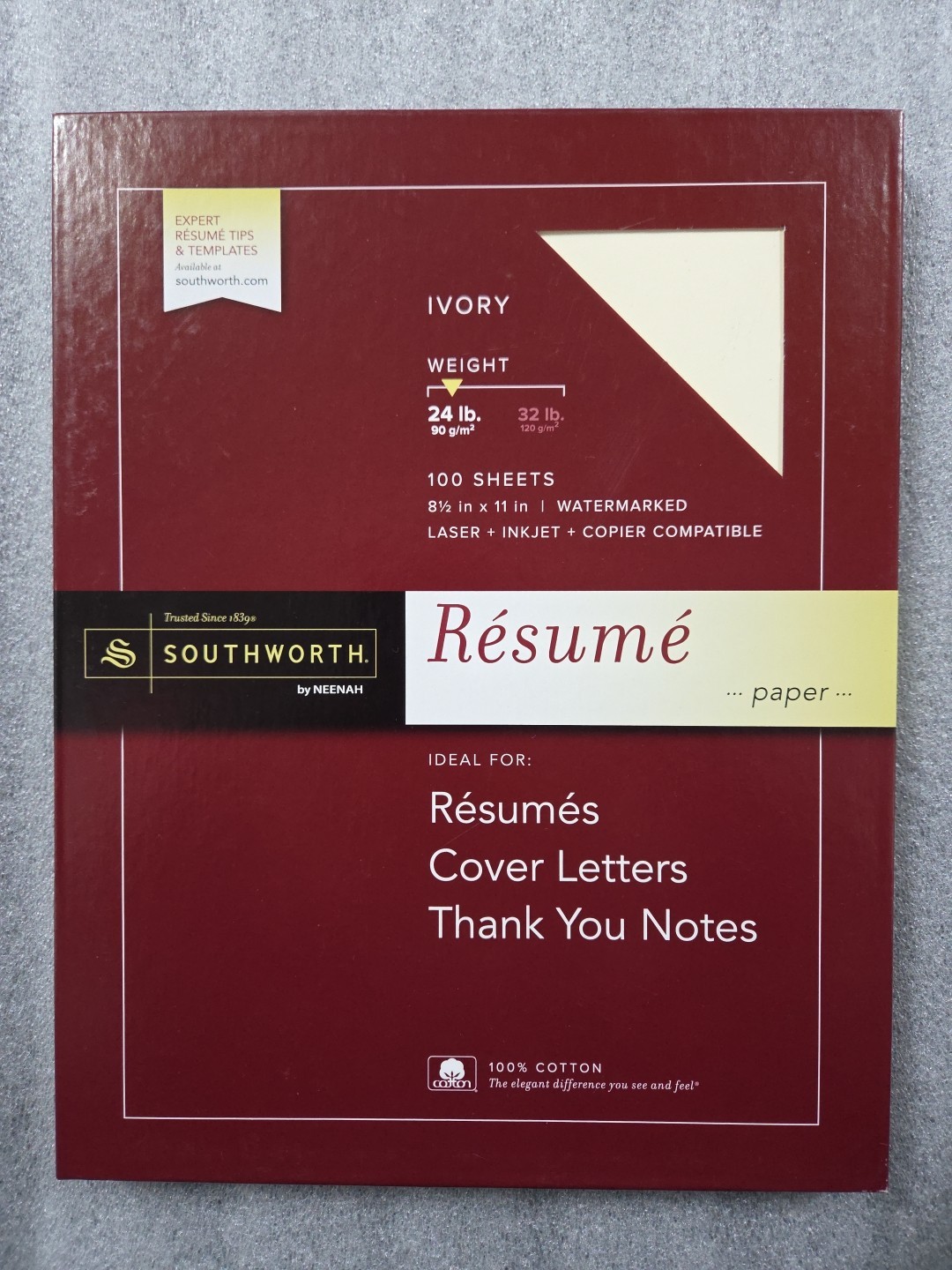 SouthWorth Resume Paper.100% Cotton.Laser,inkjet .Ivory Color .100 Sheets. 24LB