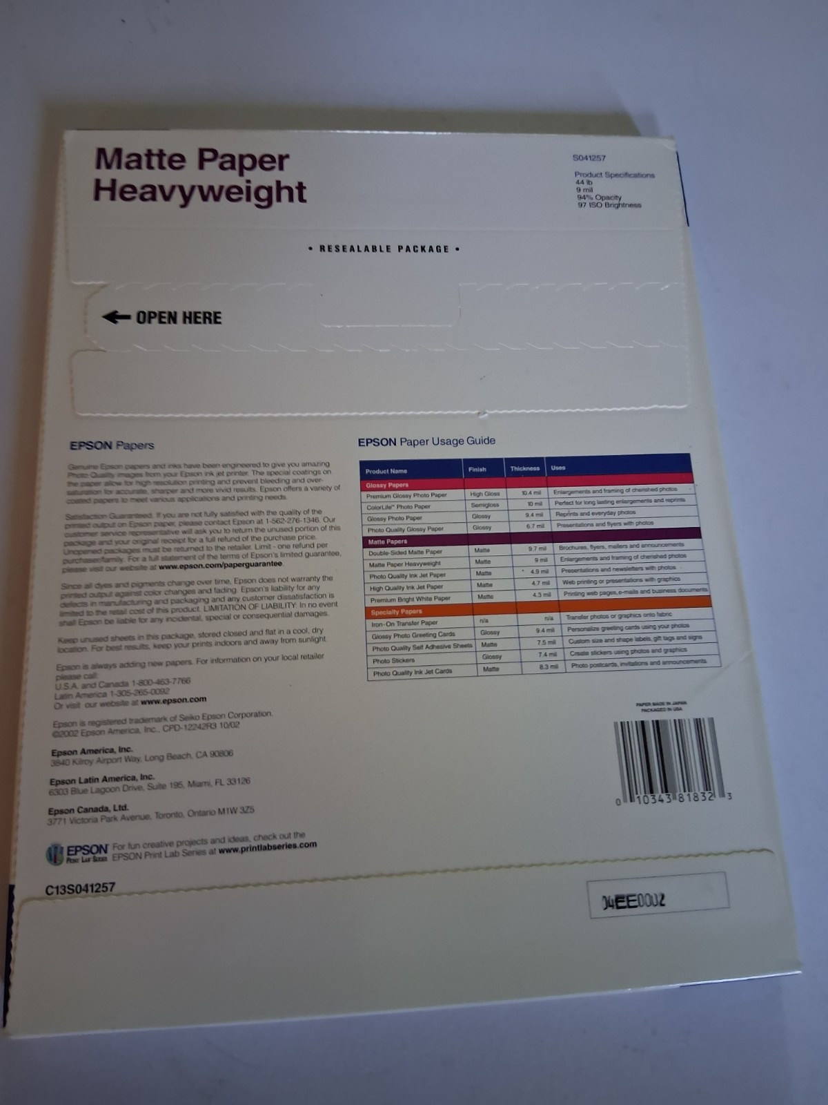 Epson Matte Paper Heavyweight Unopened 50 Sheets 8.5″x11″ 2002