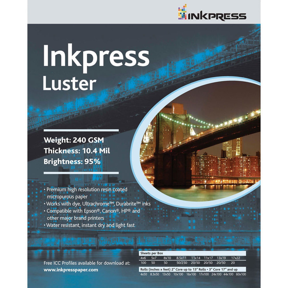 Inkpress RC Luster Single Sided Paper for Inkjet Printers, 240gsm, 10.4 mil, 8 x