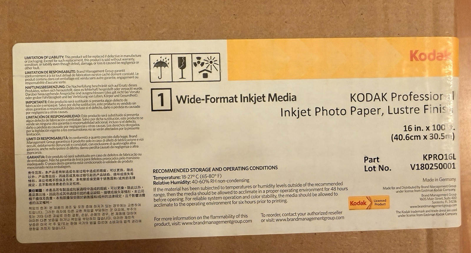 Kodak KPRO16L Professional Inkjet Photo Paper Roll Lustre 16″ x 100′ New Sealed