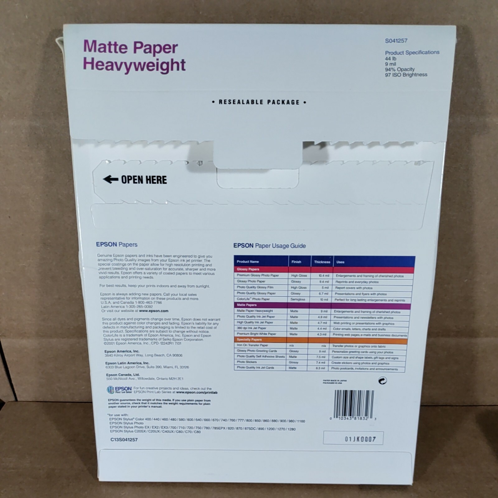 Epson S041257 Matte Paper Open Box 43 Sheets