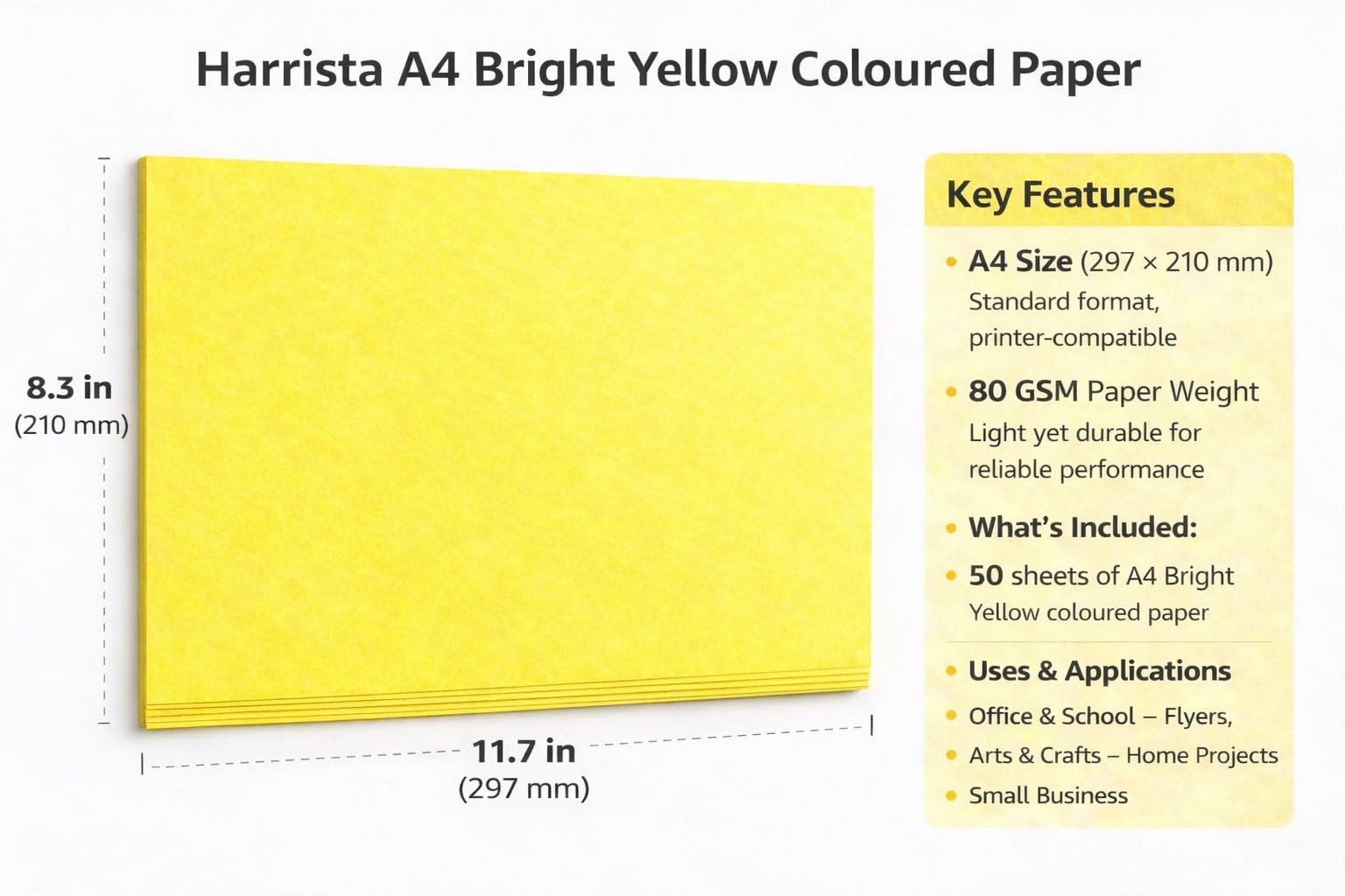 Coloured Paper, A4, 80gsm, Bright Yellow, Craft Sheets for Lasers and Inks…
