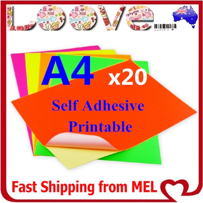 20x A4 Fluo Colour Self Adhesive Sticker Paper Sheet Label Laser Inkjet Print