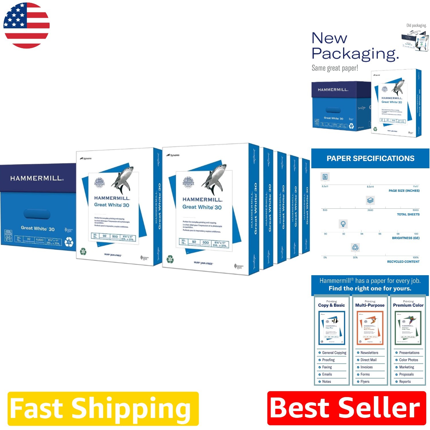 Great White Printer Paper 8.5×11 10 Ream 5000 Sheets 92 Bright USA Made