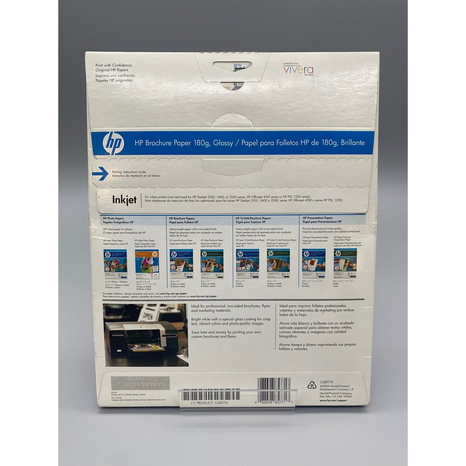 HP Brochure Paper 180g Glossy Inkjet 8.5×11 48lb 120 Sheets C6817A