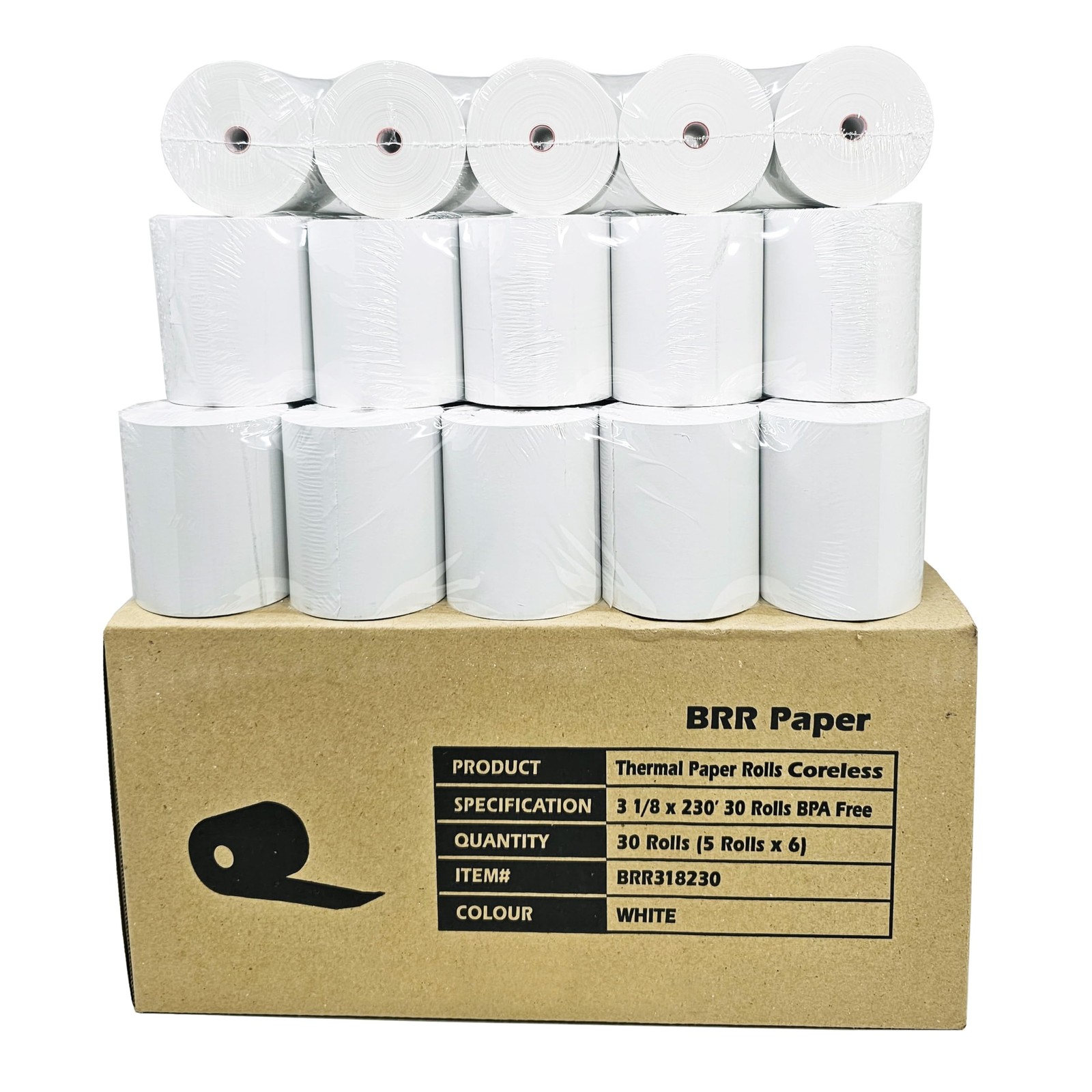 (30 Coreless Rolls – 50 GSM) 3 1/8 x 230 Thermal Paper 3 1/8” x 230’, White