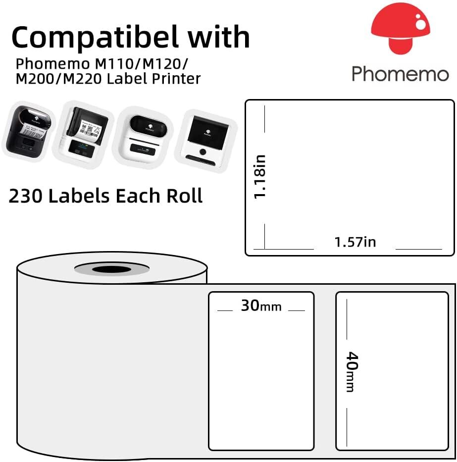 3 Rolls Phomemo M110/M100 Self-Adhesive Labels Sticker Thermal Paper 40x30mm