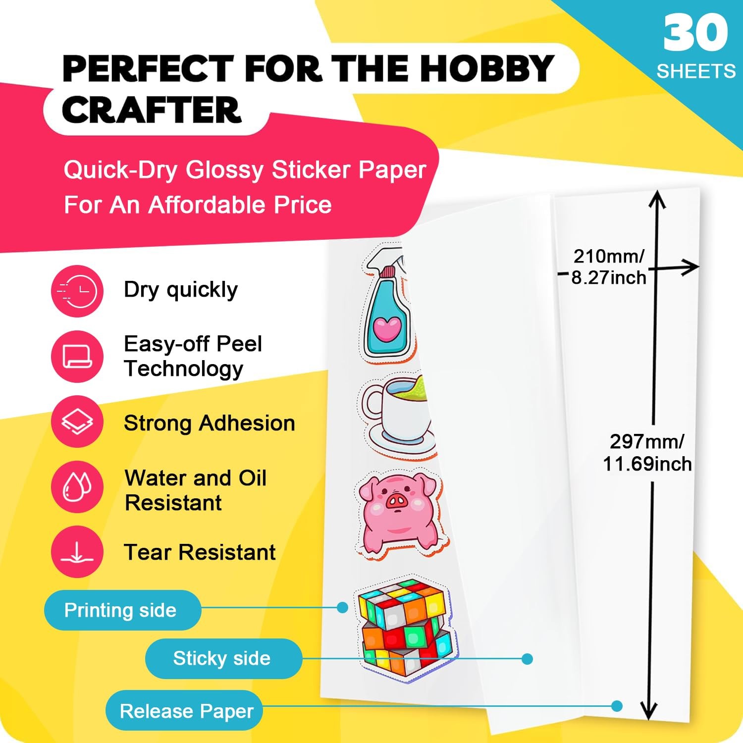 Sticker paper paper for printing 30pcs A4 white waterproof printable adhesive…