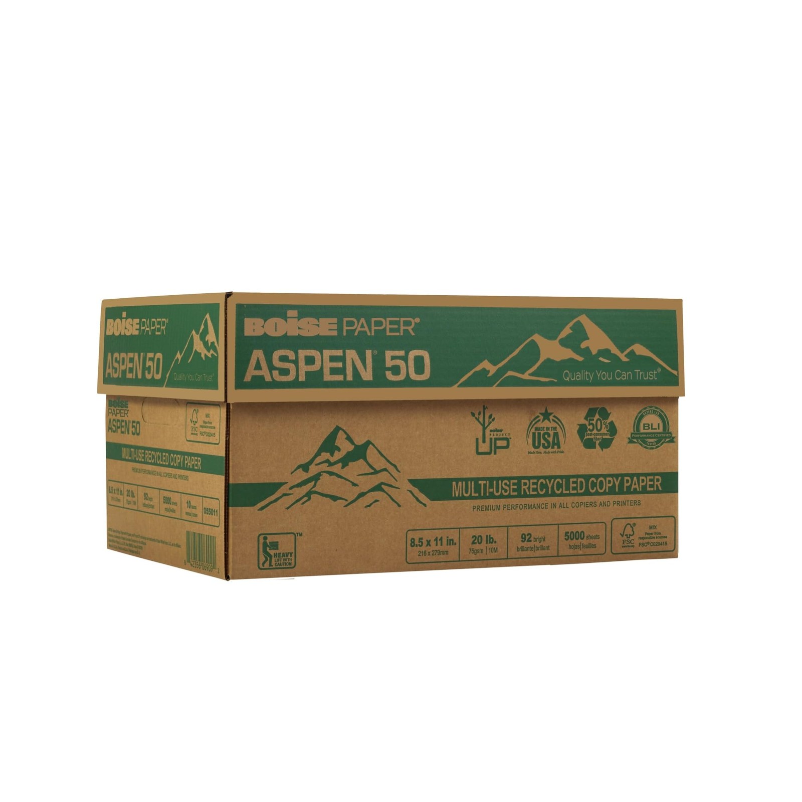 Aspen 50% Recycled Office Paper, 92 Bright, 20lb, 8-1/2 x 11, White, 5000/CT