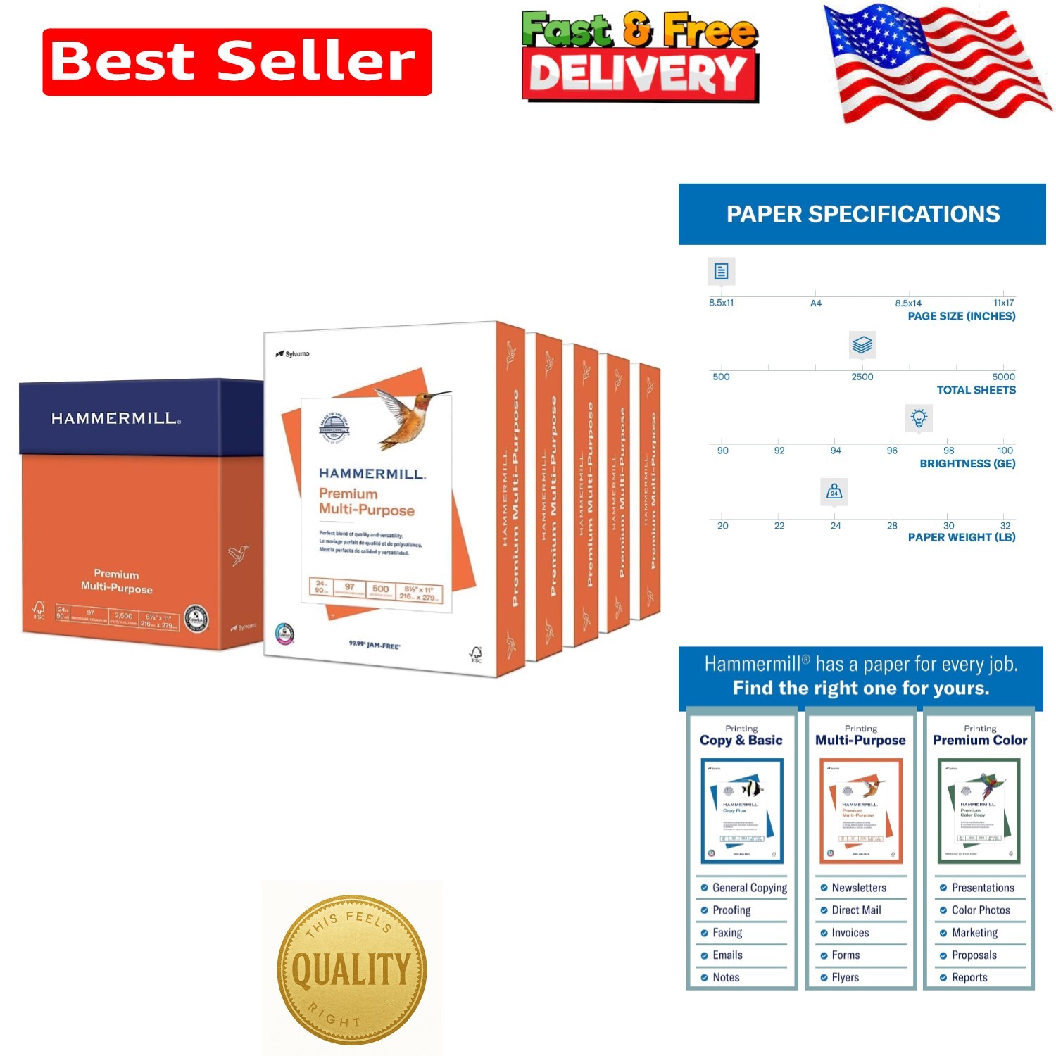 High-Quality 24 lb Multipurpose Paper, 2500 Sheets | Glossy Finish, Made in USA