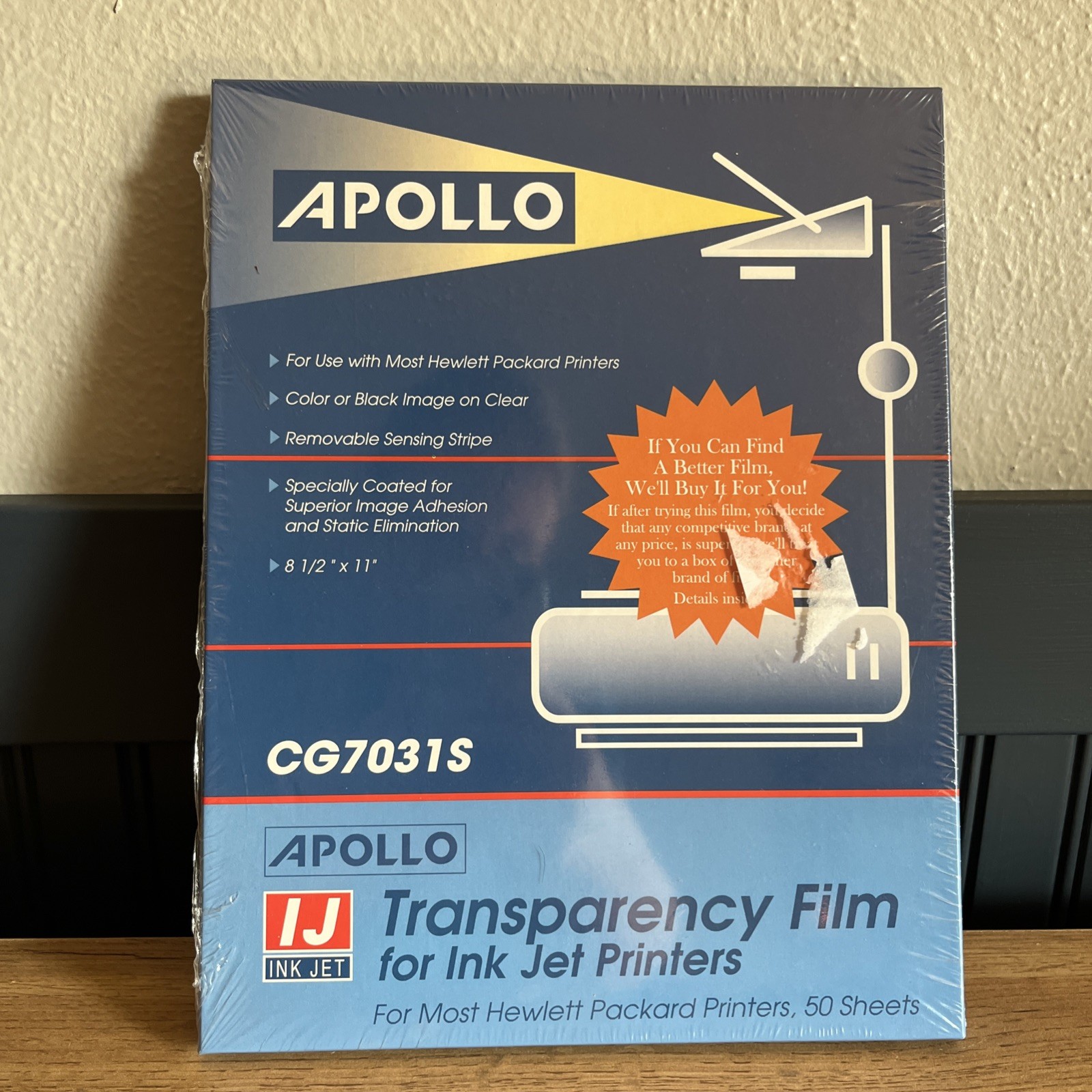 Apollo Ink Jet Transparency Film CG7031S for HP Printers 50 Sheets 8.5×11 Clear