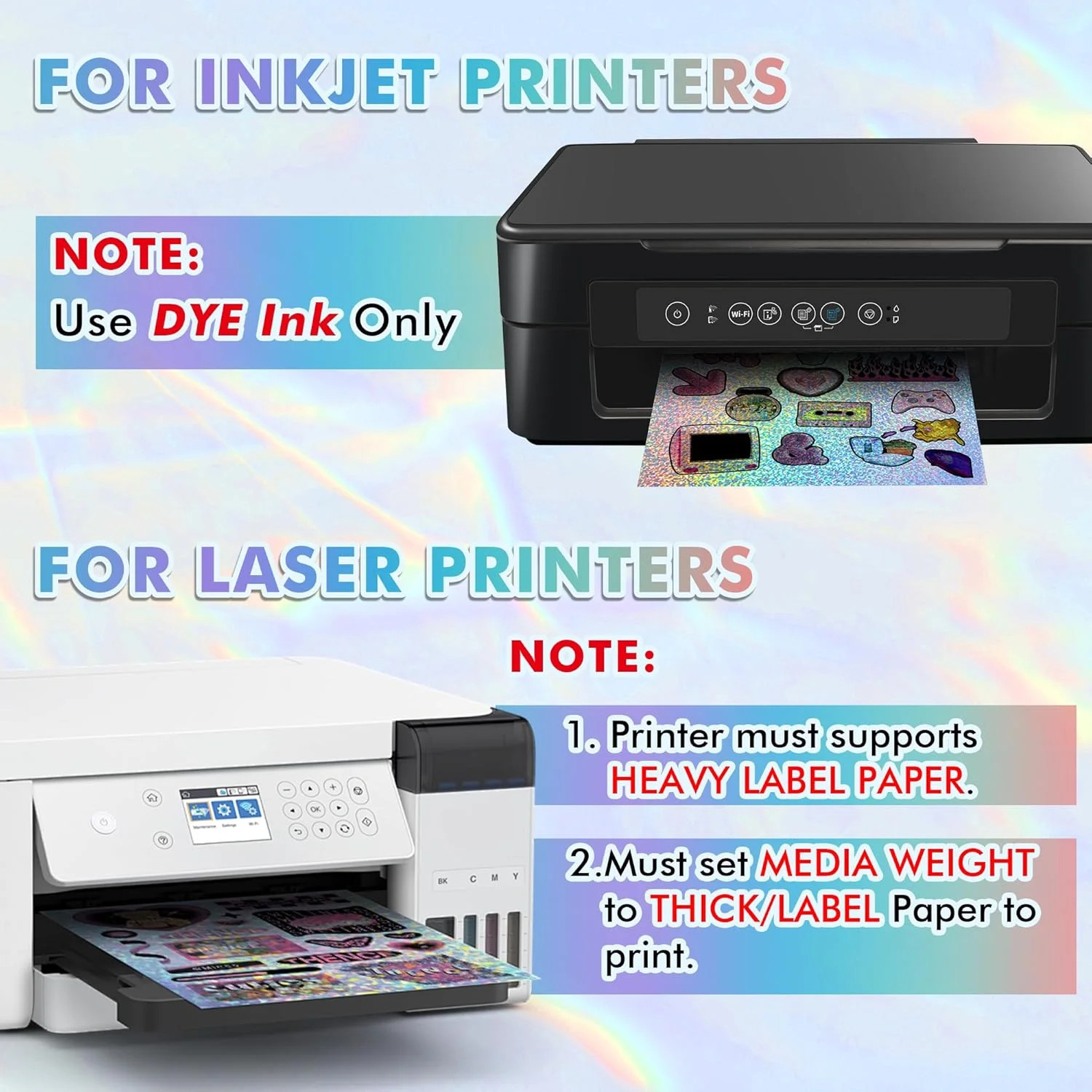 Koala Holographic Sticker Paper for Inkjet & Laser Printers, 20 Sheets Printable