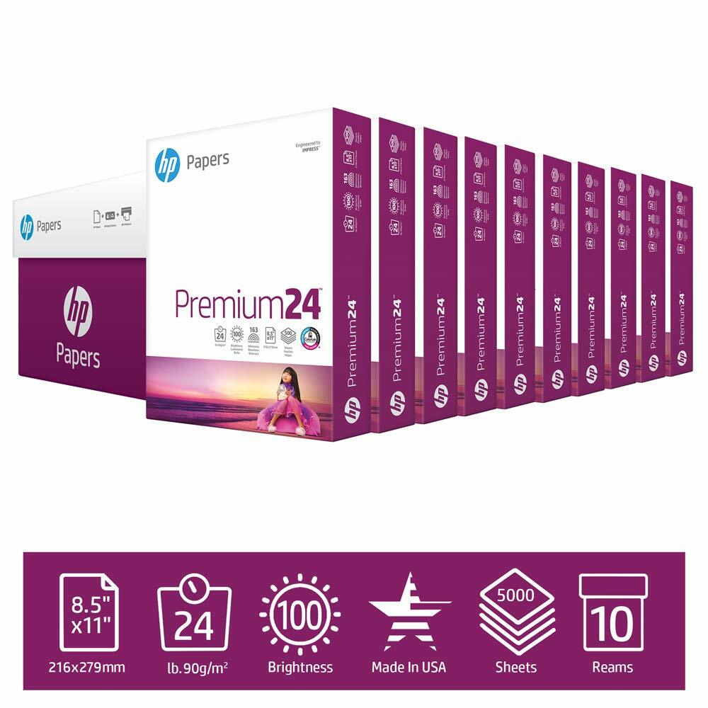 HP Printer Paper Premium 24lb, 8.5×11, 100 Bright, 10 Ream Case, 5,000 Sheets
