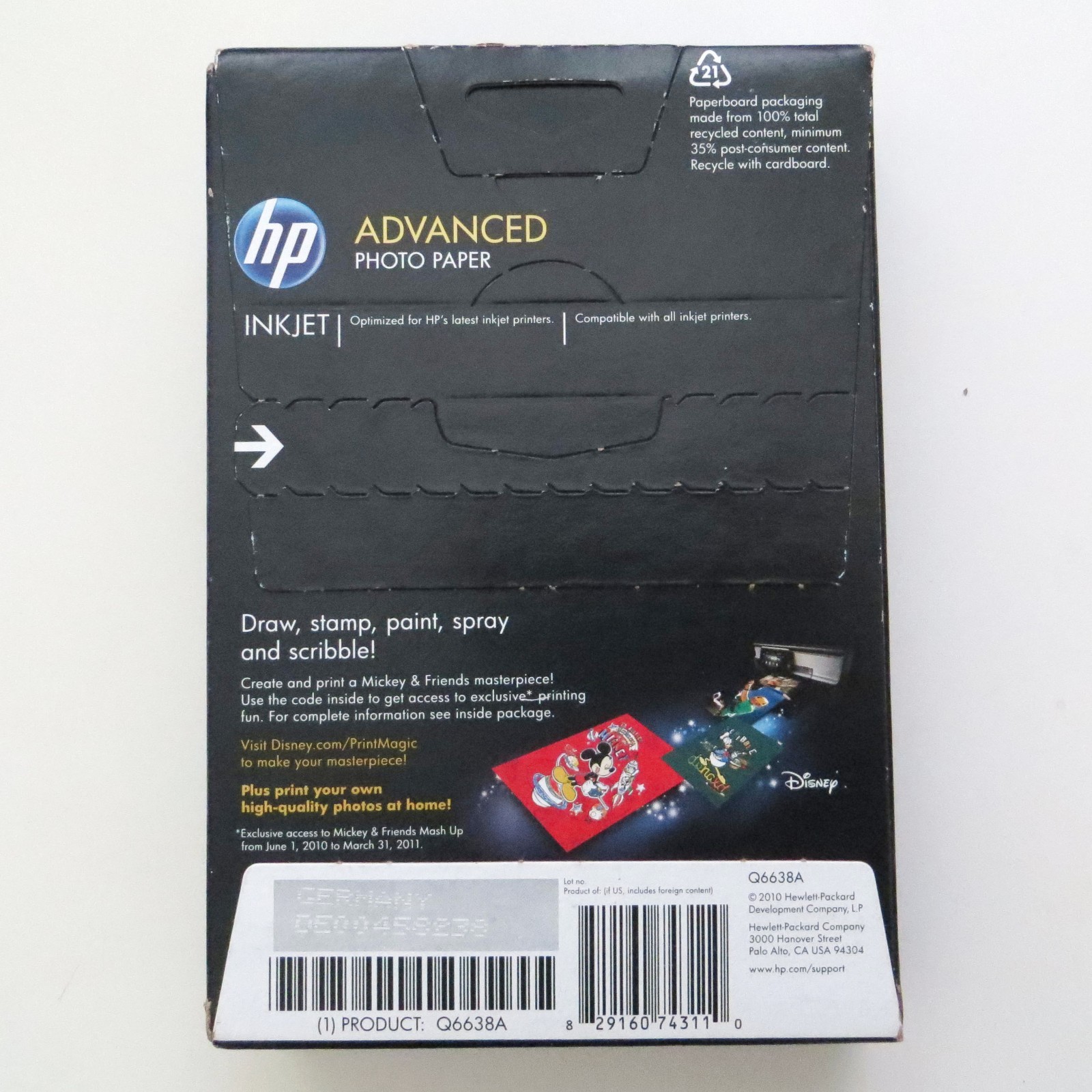 NEW HP Advanced 4×6″ Glossy Photo Paper 100 Ct Inkjet 2010 Mickey Mouse Q6638A