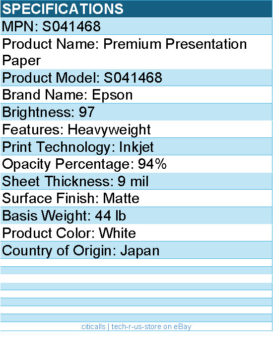 Epson S041468 Very High Resolution Print Paper – 97 Brightness – 94% Opacity