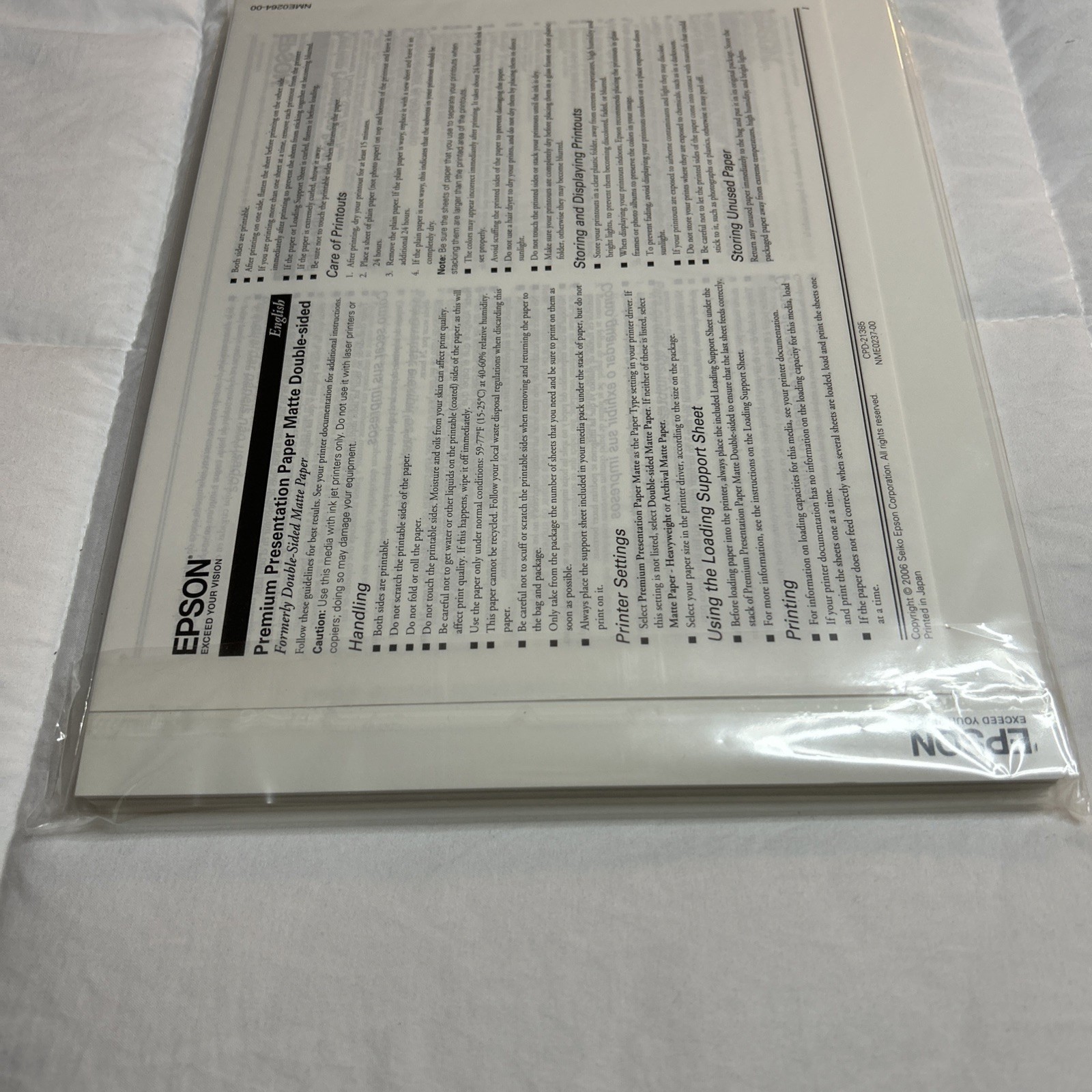 Epson S041568 Premium Matte 8.5” x 11”Paper – (50/PK) New