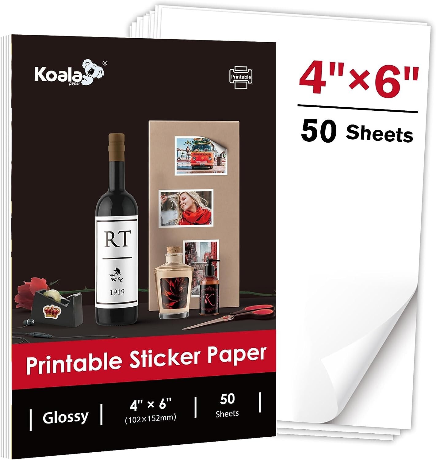 Koala Glossy Sticker Paper 4X6 Adhesive Photo Paper for Inkjet + Laser Printers