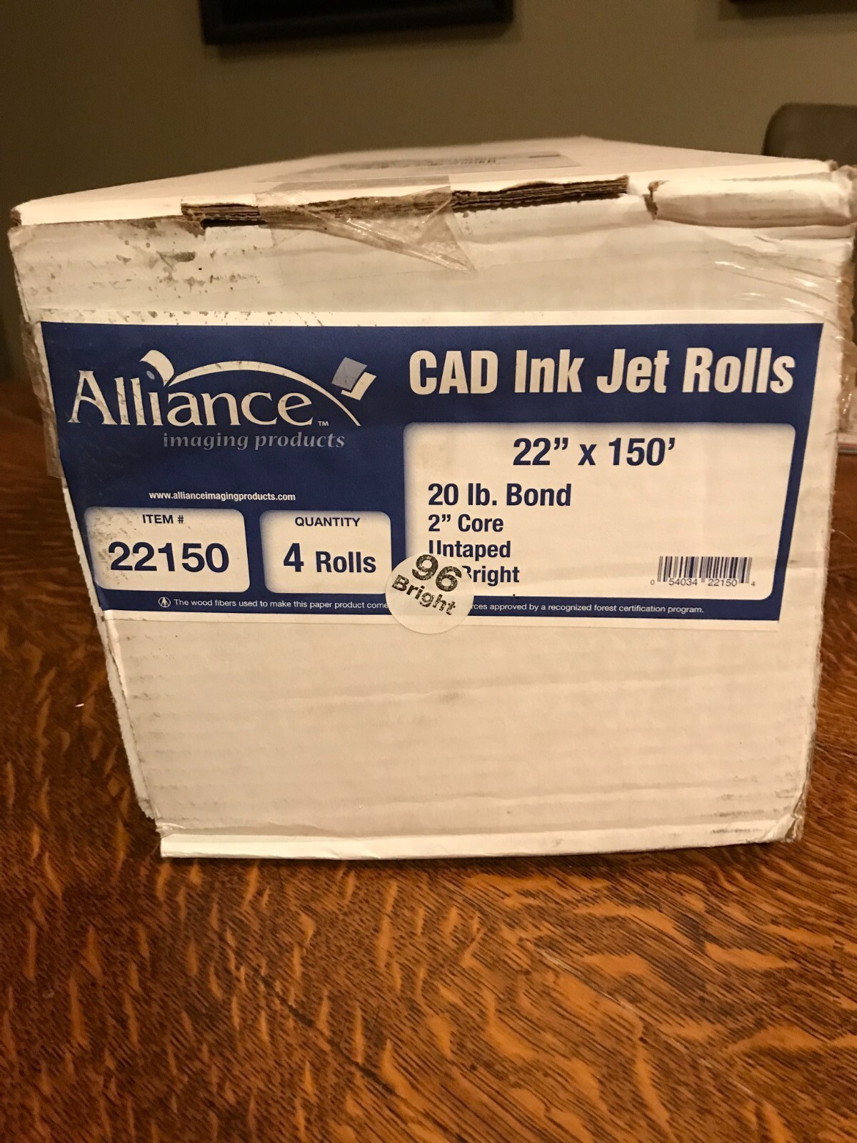 20 lb 22″ x 150′ plotter paper    2″ core  4 rolls/box