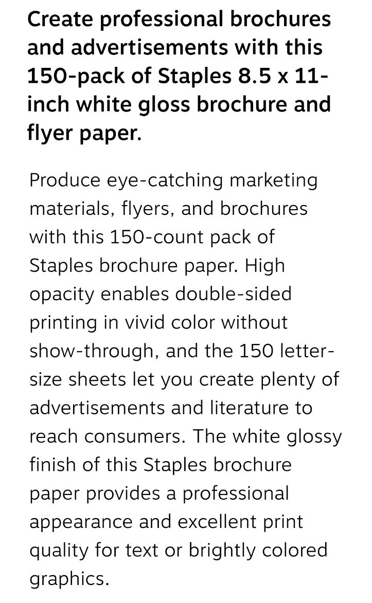 Staples Gloss White Brochure & Flyer Paper Double-sided 150 Qty 8.5×11″ Inkjet