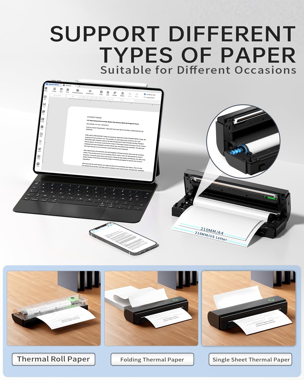NDYIN Portable Printers Comes with a roll of US Letter paper(7m/roll), Black