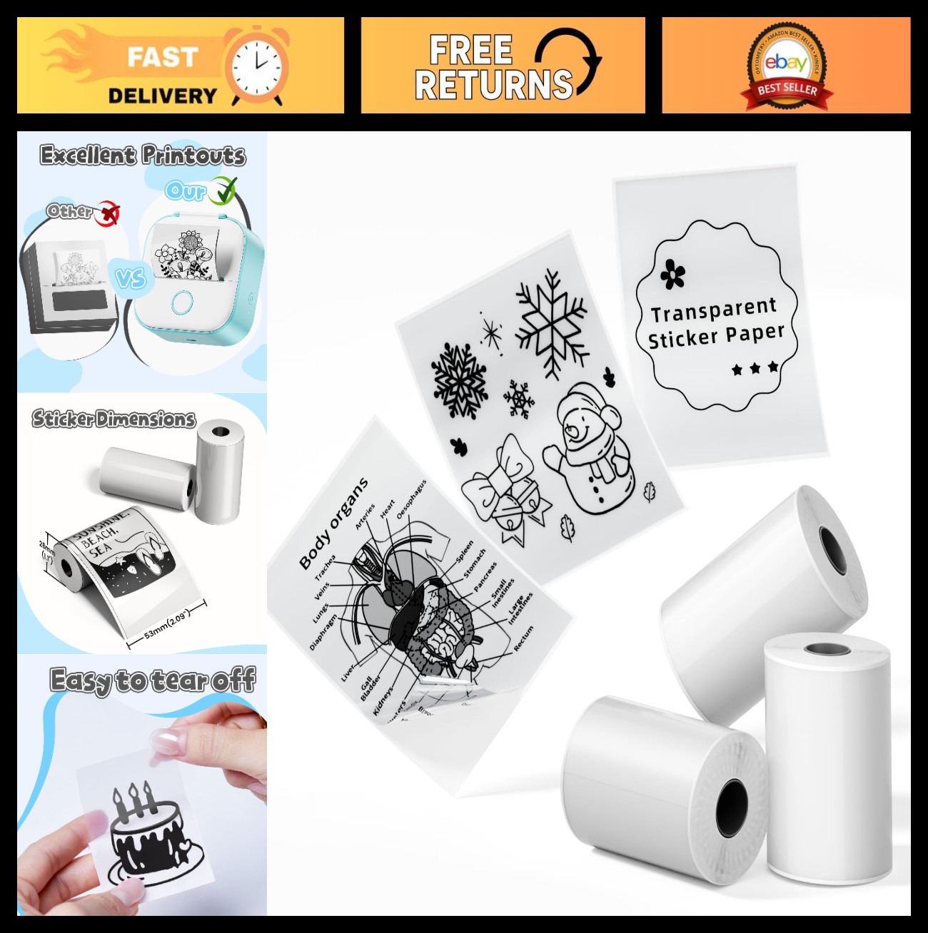 Transparent Sticker Paper for Mini Printers – 3 Rolls for Notes, Photos & Lists
